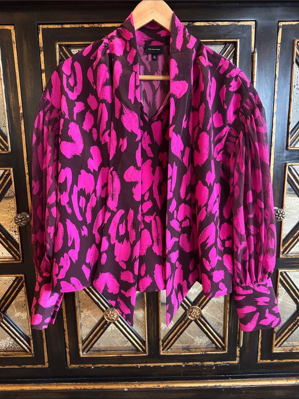 Who What Wear | Pink & Brown Animal Print Tie-Neck Blouse